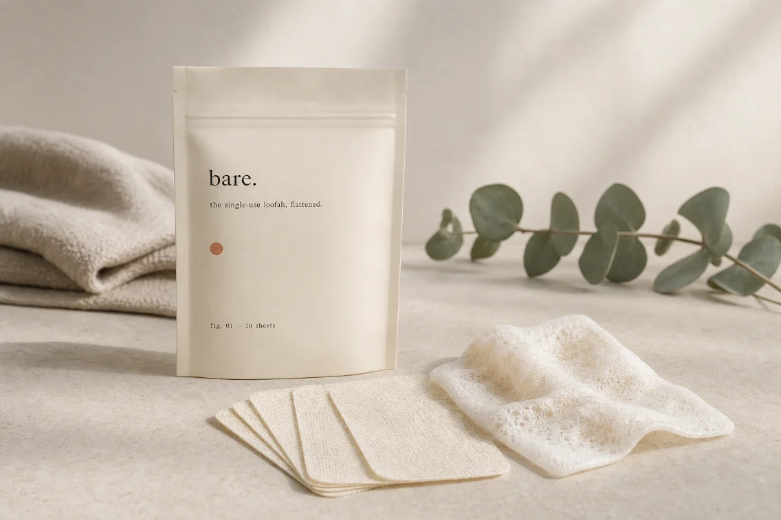bare. travel shower sheets — kraft pouch, fanned dry sheets, one sudsy sheet, with folded linen and eucalyptus on a stone surface