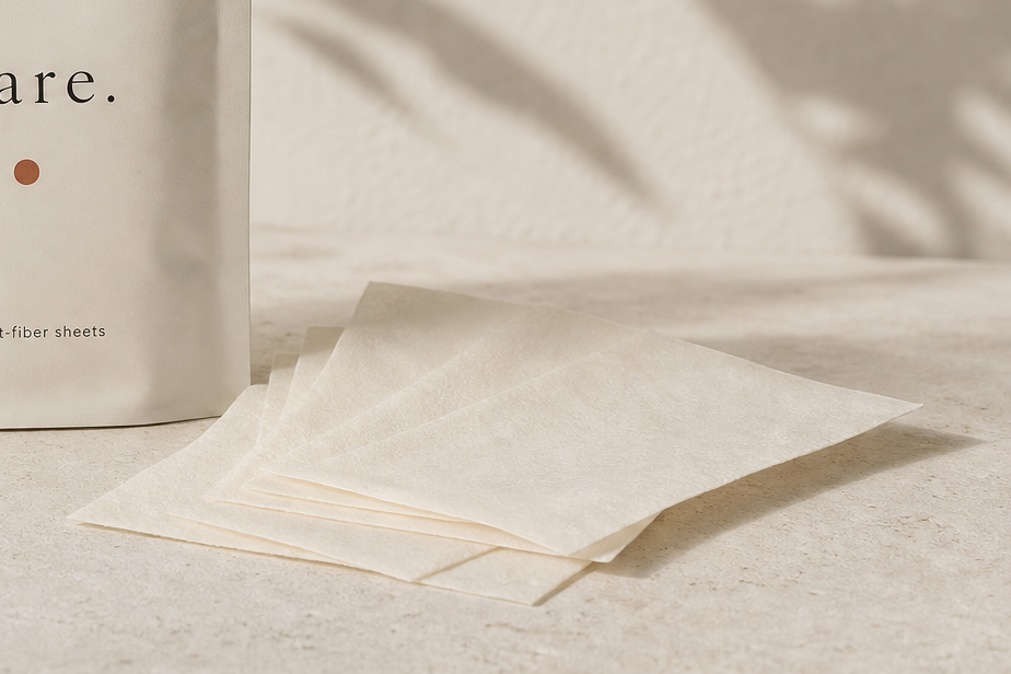 paper-thin bare. plant-fiber sheets fanned beside the pouch