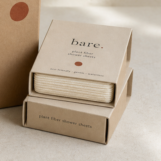 the fifty — a bare. box of plant-fiber shower sheets, stacked